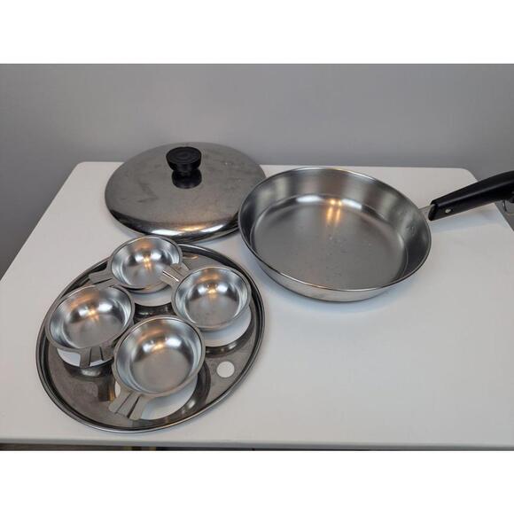 Revere Ware 8" Skillet Steel Copper Frying Pan Poacher Lid Pre 1968 Mint - Picture 2 of 9